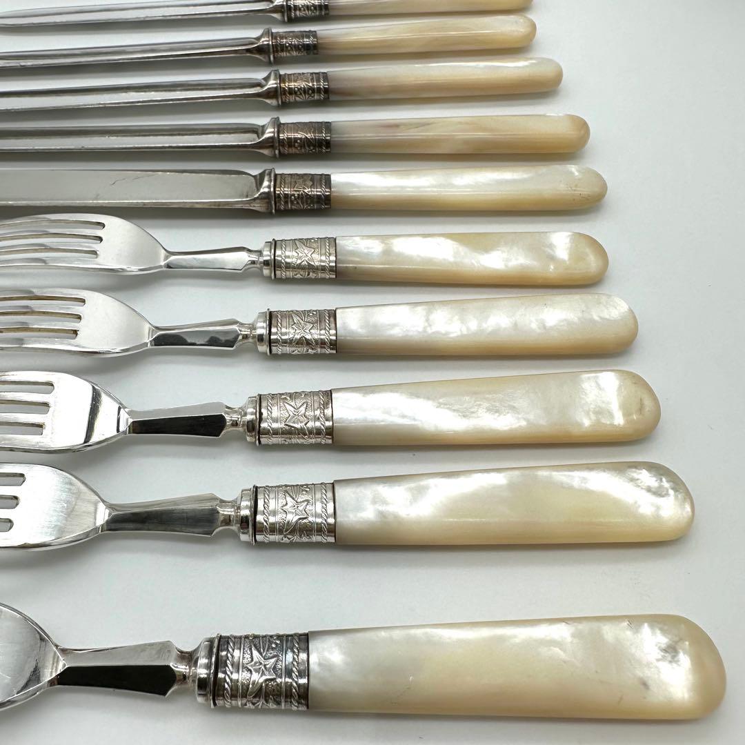 英国製/白蝶貝マザーオブパールフルーツナイフ&フォーク12本 鍵付木製箱