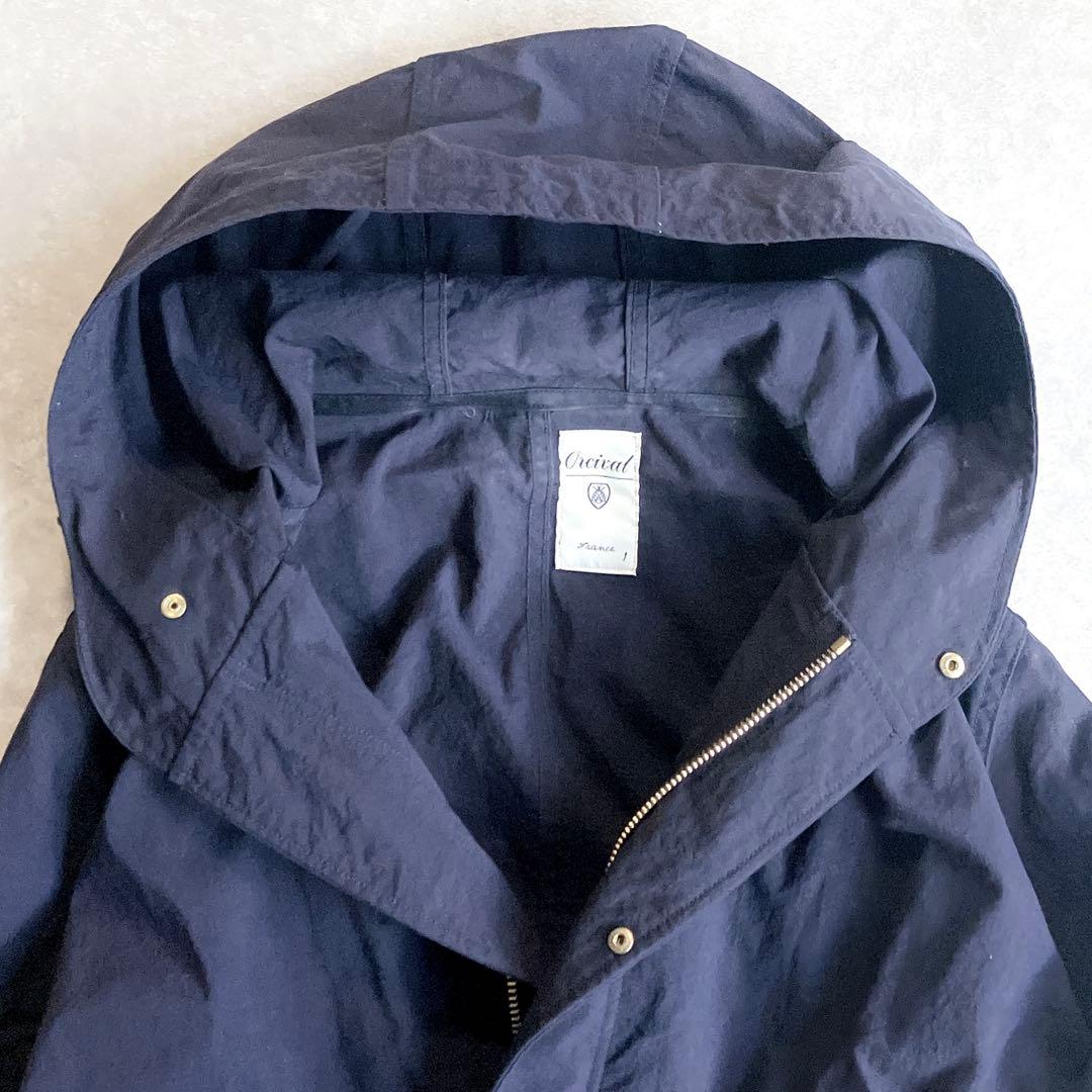 美品 オーシバル 軽量ナイロンモッズコート フードブルゾン 紺 ドローコード
