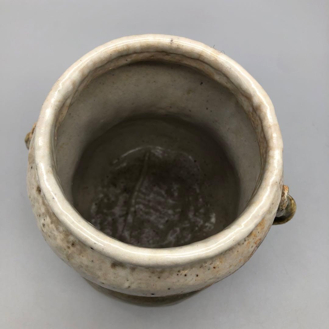 緑褐色壺型耳付き双耳陶器花入れ花瓶フラワーベース伝統工芸アンティーク骨董置物