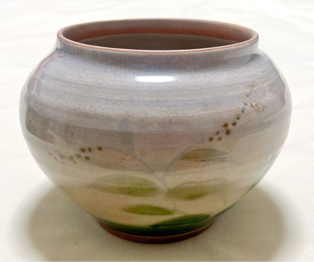 京焼 清水焼　鈴木清（人間国宝 富本憲吉 師事）作　緑釉草花柄　花瓶　飾壷