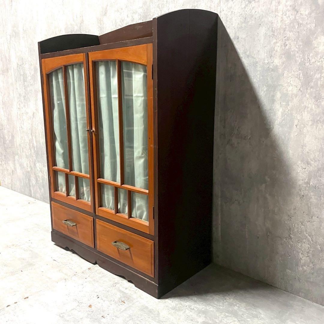 古家具 昭和レトロ アンティーク 木製ガラス扉収納棚
