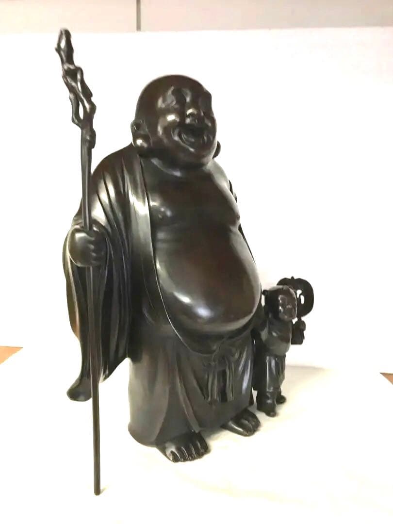 銅製:１尺3寸布袋唐子同行図置物