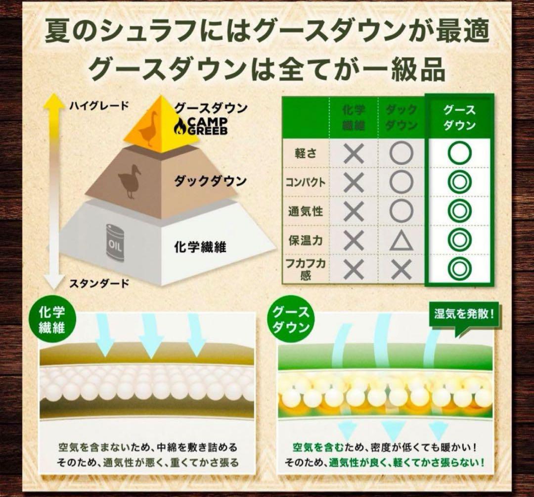 キャンプグリーブ シュラフ 寝袋 マミー型 グースダウン グリーン