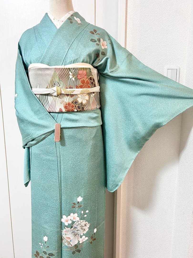 美品　裄丈長め　しつけ糸付き　正絹訪問着　フルセット4点　入学式　お宮参り