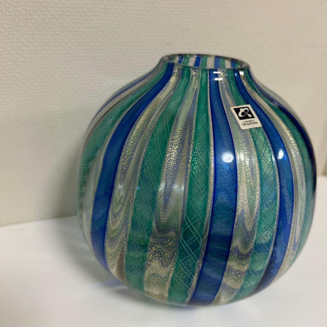 月夜野工房　TSUKIYONOガラス製花瓶　レース　ストライプ　金彩　吹きガラス