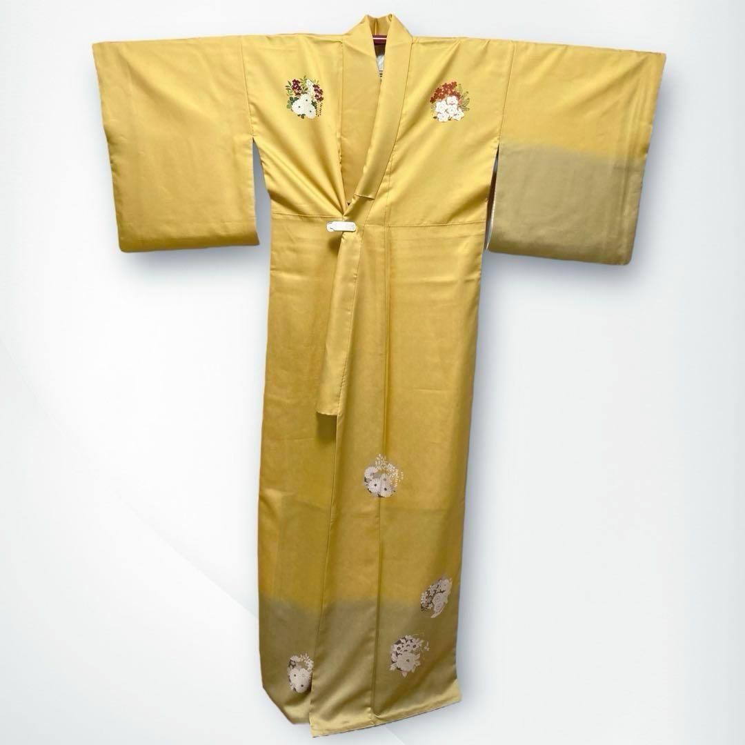 【美品✨】東レシルック　さんび　洗える着物　付け下げ　山吹色　花丸文　手縫いN7