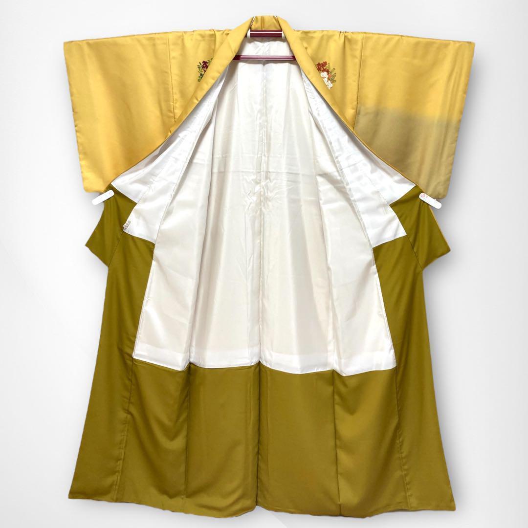 【美品✨】東レシルック　さんび　洗える着物　付け下げ　山吹色　花丸文　手縫いN7