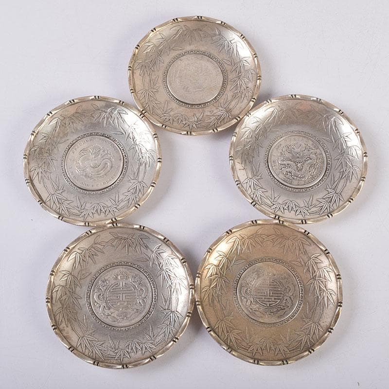 煎茶道具　中華銀幣刻印装飾　龍笹文茶托　五客　壹圓　C　R8917