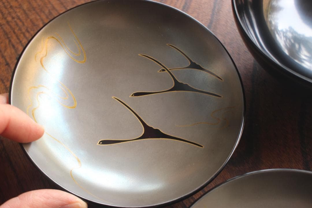 デッドストック！極上ススキ文に優美な内銀雁蒔絵の大椀2点（検輪島塗蒔絵椀雑煮椀