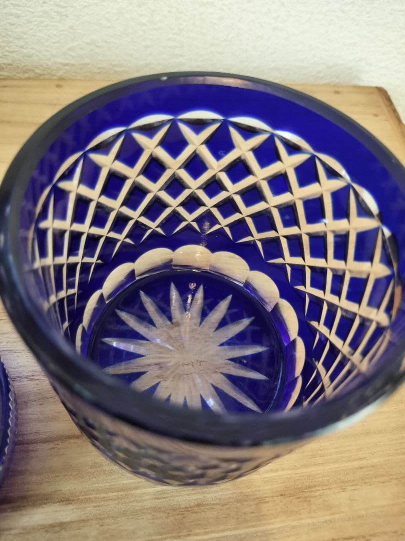 40年前昭和レトロ☆江戸切子　蓋付きコットン綿棒ケース　キャンディー等にも☆