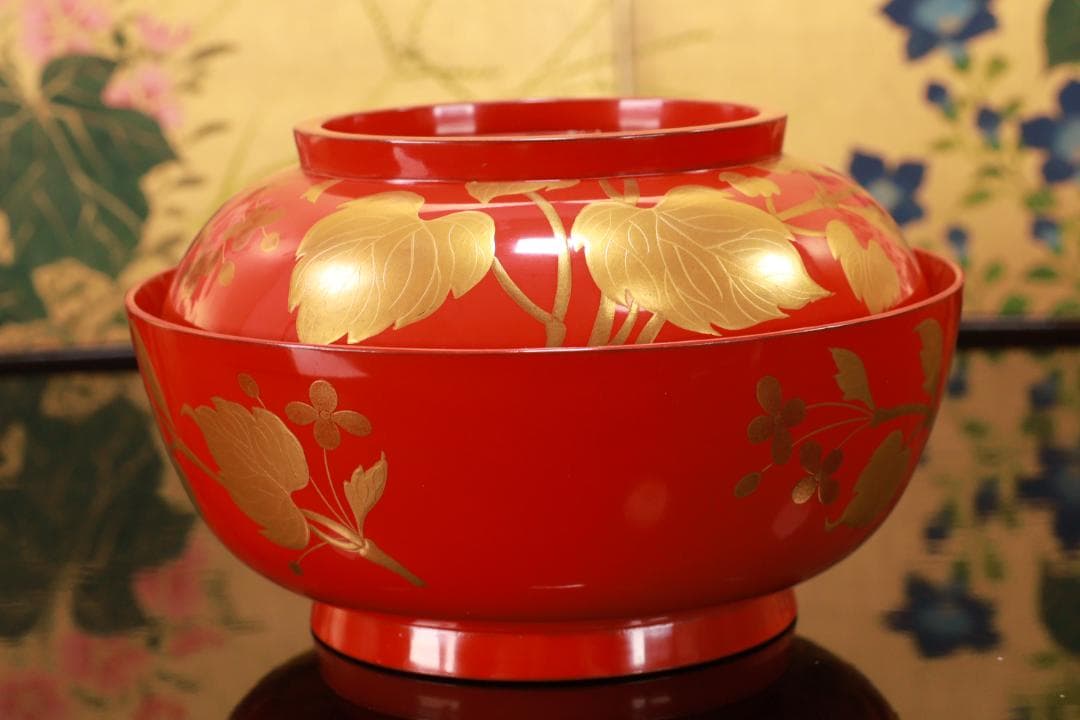 BK129　時代輪島塗　草花図金蒔絵　吸物椀　二客　木製　茶道具 懐石 菓子