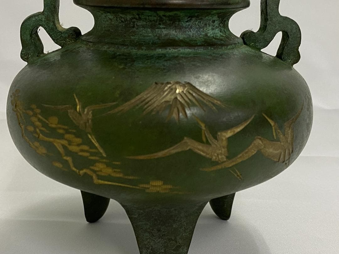 富士　鶴　松　青銅　香炉