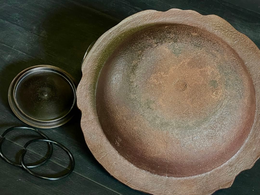 『母』 竹地紋 透木釜 釜師 高橋 敬典 共箱 釜鐶 炉釜 茶道具(212あ③)