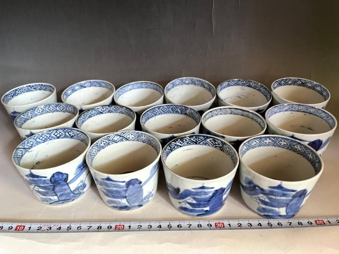 蕎麦猪口●手描きソバチョコ(江戸後期)伊万里染付山里図 15客 酒器時代物骨董■