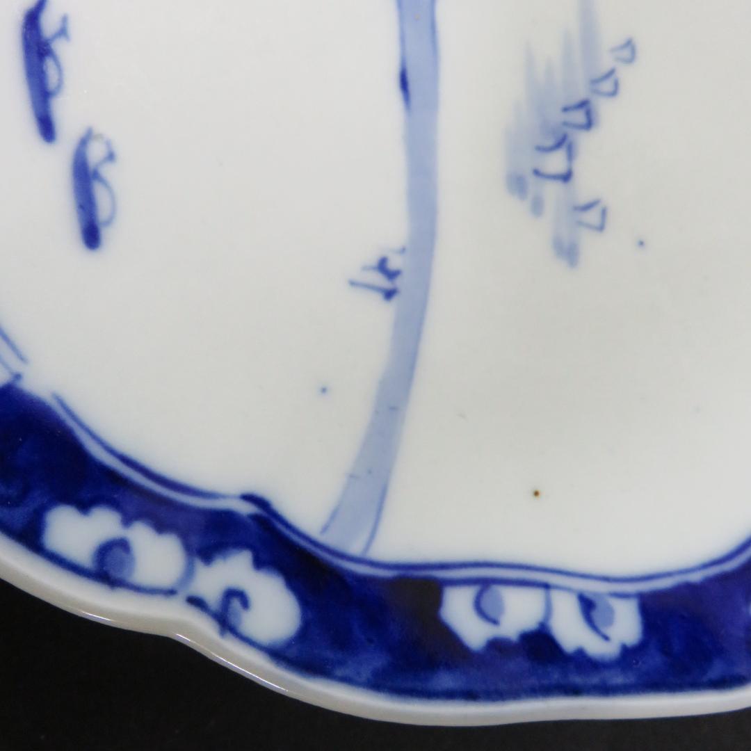 大皿 染付 古伊万里 明治 大正 山水 花文様 家屋 帆船 窯傷 名家 5枚