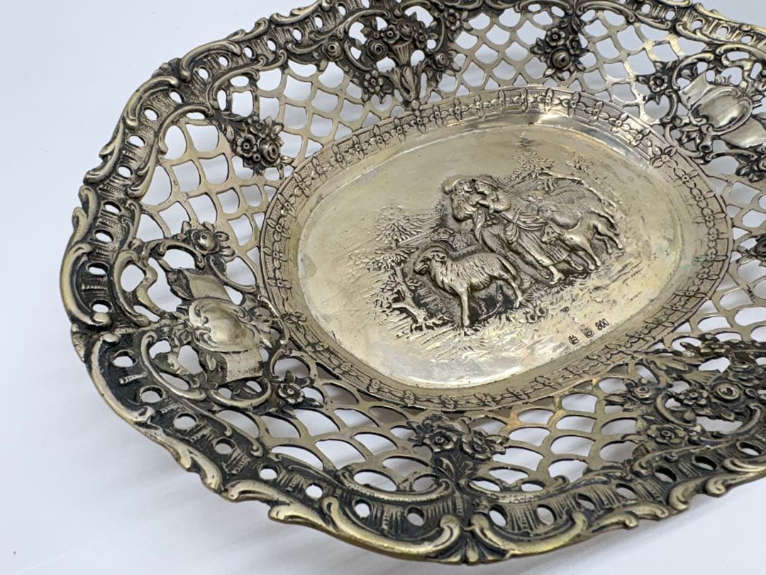 羊飼いと娘 シルバー ディッシュトレイ 銀製 800 刻印 楕円 透かし彫り