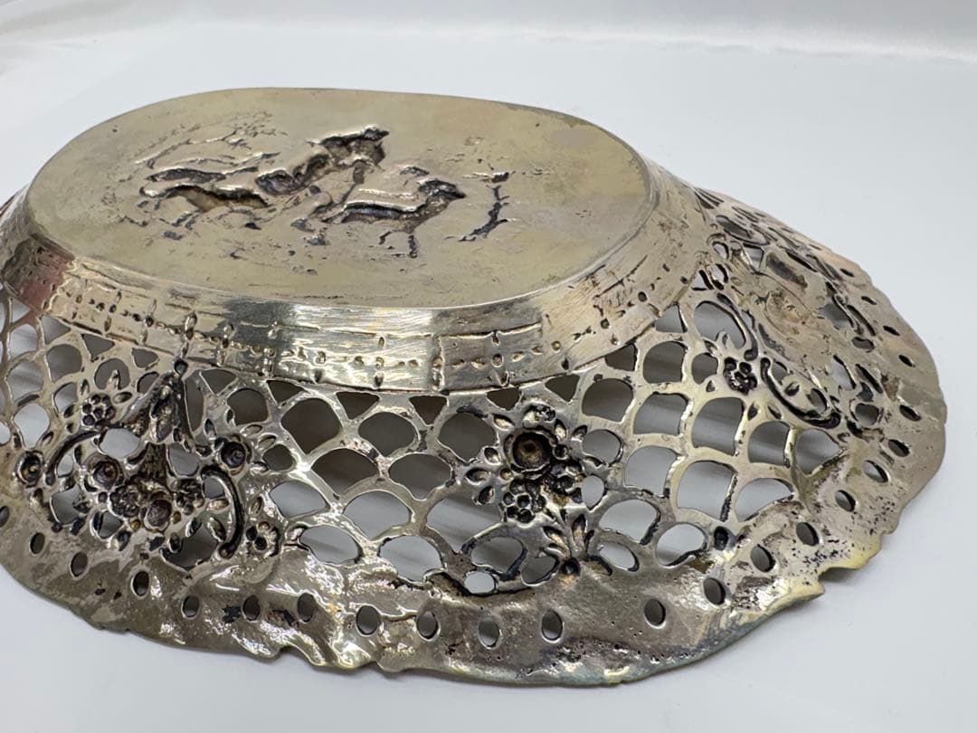 羊飼いと娘 シルバー ディッシュトレイ 銀製 800 刻印 楕円 透かし彫り