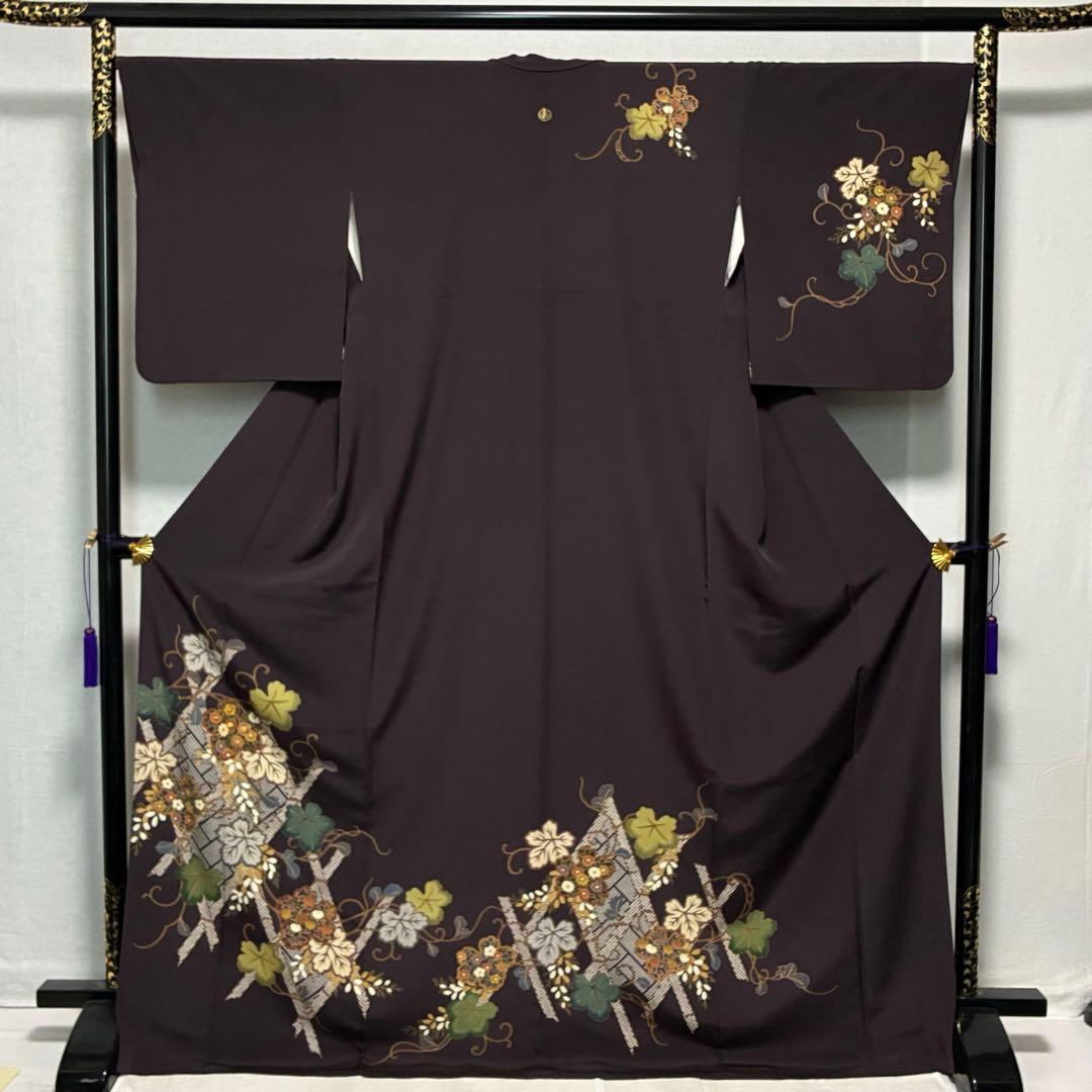 D85 訪問着 蔦の葉 菊 金駒刺繍 縫い紋 正絹 着物 袷 極美品