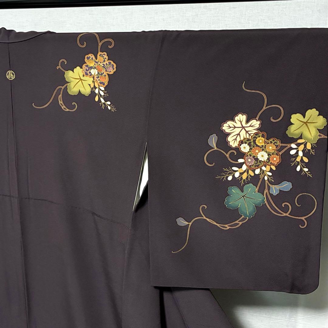 D85 訪問着 蔦の葉 菊 金駒刺繍 縫い紋 正絹 着物 袷 極美品