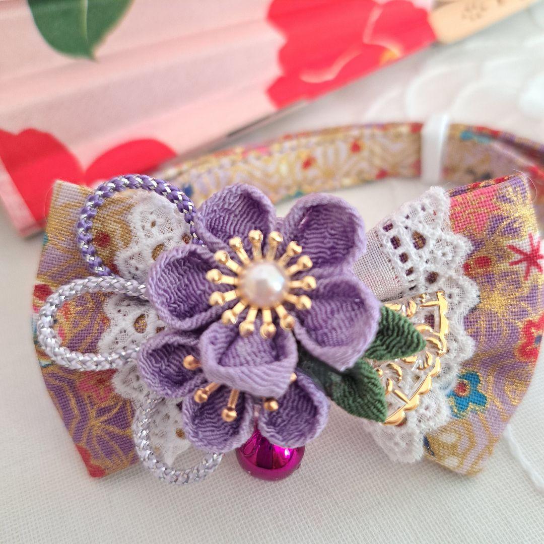 お正月、つまみ細工シングルリボン(紫②)わんちゃん猫ちゃん用首輪