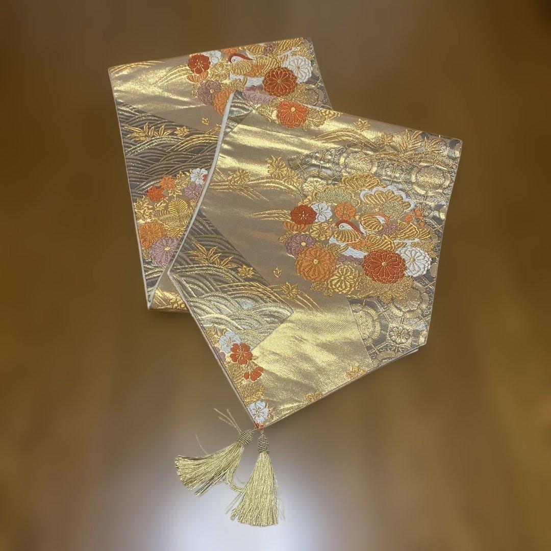 table runner 金彩唐織花丸　帯リメイク　正絹
