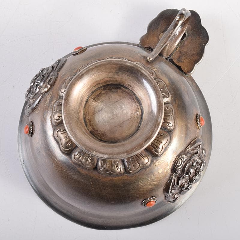 中国　白銅　神獣刻　玉石装飾　取手付杯　約167g　M　R8495