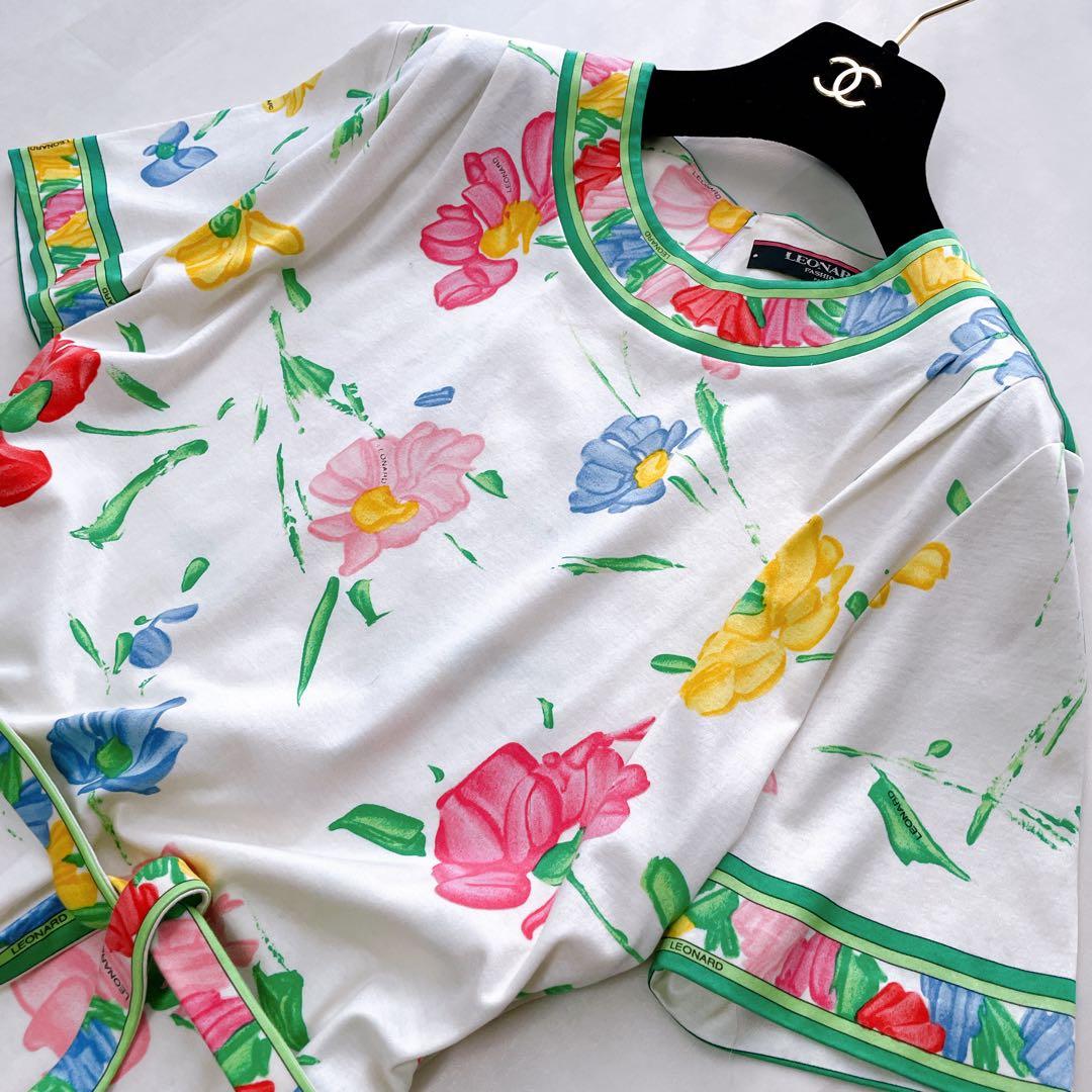 高級✨レオナール 花柄ワンピース トリム ベルト ゴールド金具 ロゴ刻印 L