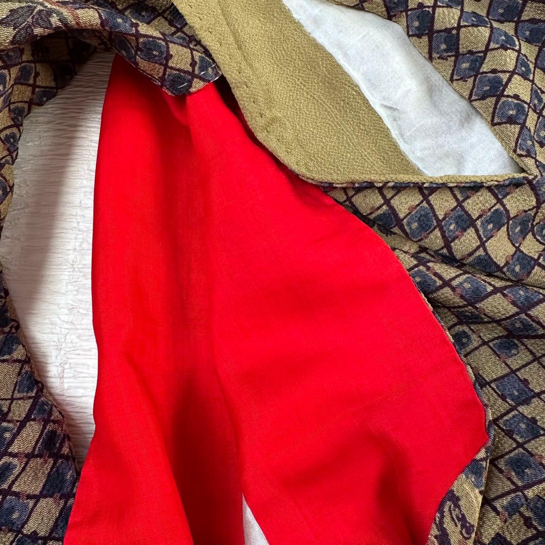 アンティーク仕立て直し 鶯茶花丸文様 正絹鬼シボちりめん 渋かわいい袷小紋着物