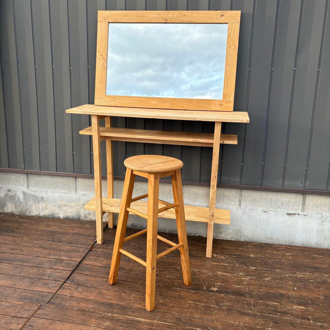 C3 北欧レトロ パイン材 木製カウンターテーブルドレッサー 鏡台スツールセット