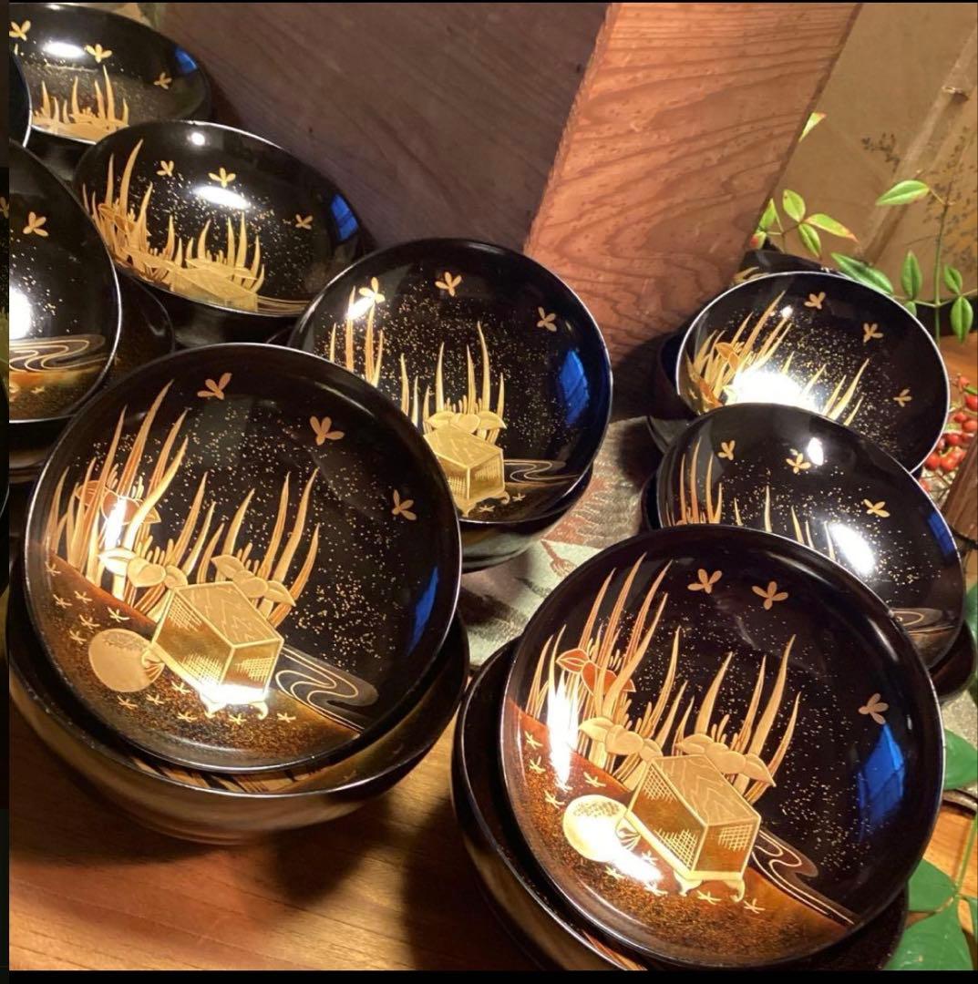 A1060 木製輪島塗　衝羽根に流水菖蒲　吸物椀　蒔絵　2客さくら❣️