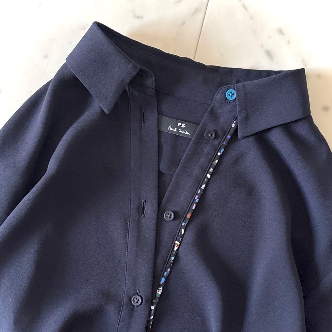 美品 ピーエス ポールスミス とろみブラウス 洗える ネイビー 42 XL 濃紺