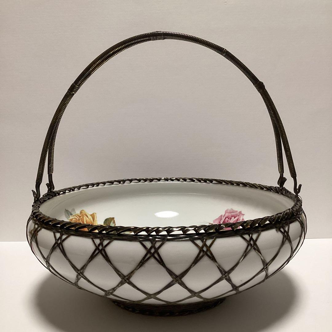 オ－ルドノリタケ　弦付き果物籠　裏印やじろべえ　銀金具