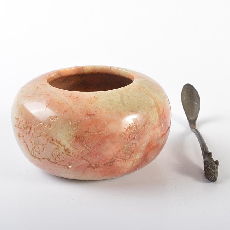 中国　玉石彫刻　山水漢詩刻　水孟　銅匙付　合わせ箱　M　R6515