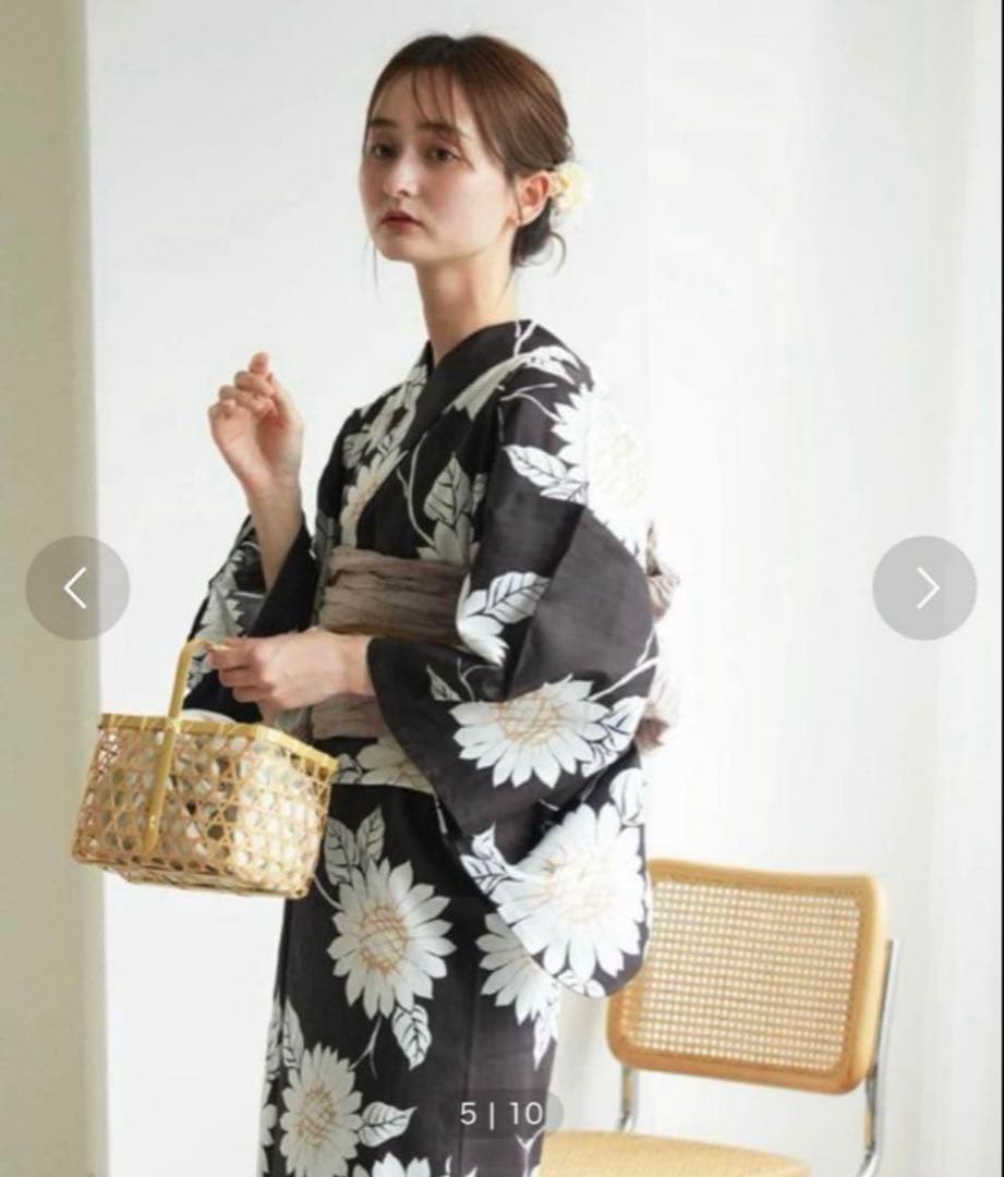 超美品　utatane ウタタネ 浴衣3点セット 焦げ茶に向日葵