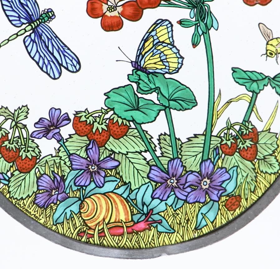 昆虫と花とイチゴ ヴィンテージ ステンドグラス 蜻蛉 ミツバチ 蝶々