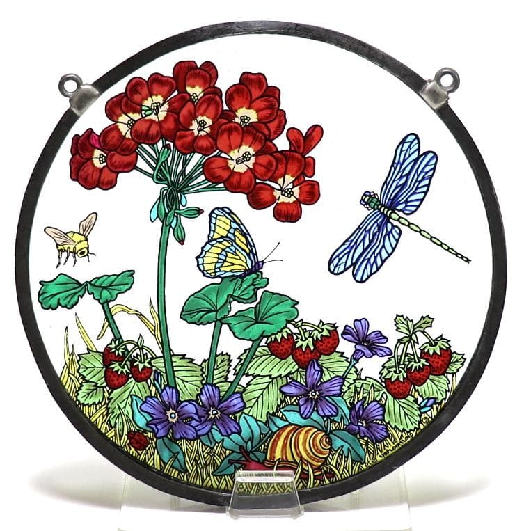 昆虫と花とイチゴ ヴィンテージ ステンドグラス 蜻蛉 ミツバチ 蝶々