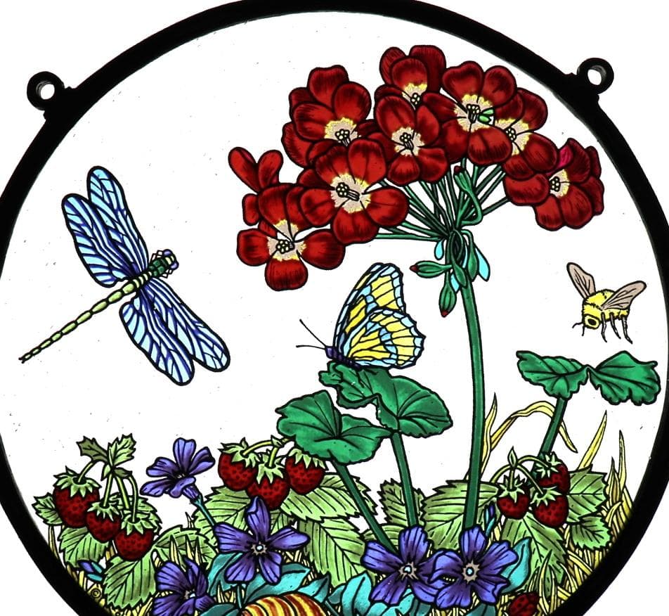 昆虫と花とイチゴ ヴィンテージ ステンドグラス 蜻蛉 ミツバチ 蝶々