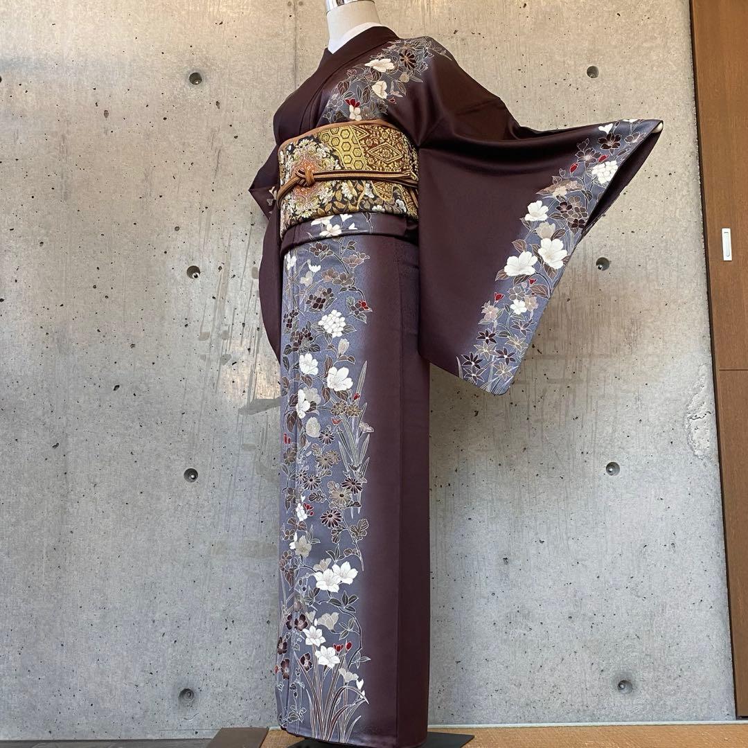 正絹　訪問着　ガード　背中に柄あり　金駒　くすみ紫系　袷