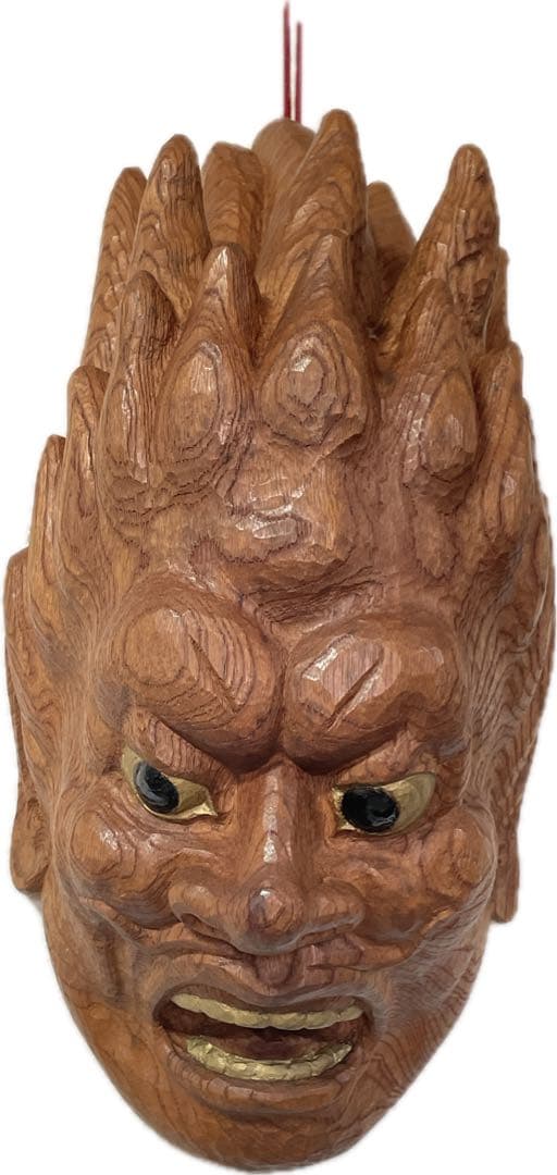 木彫り手彫り　肥松　風神雷神　怒り面