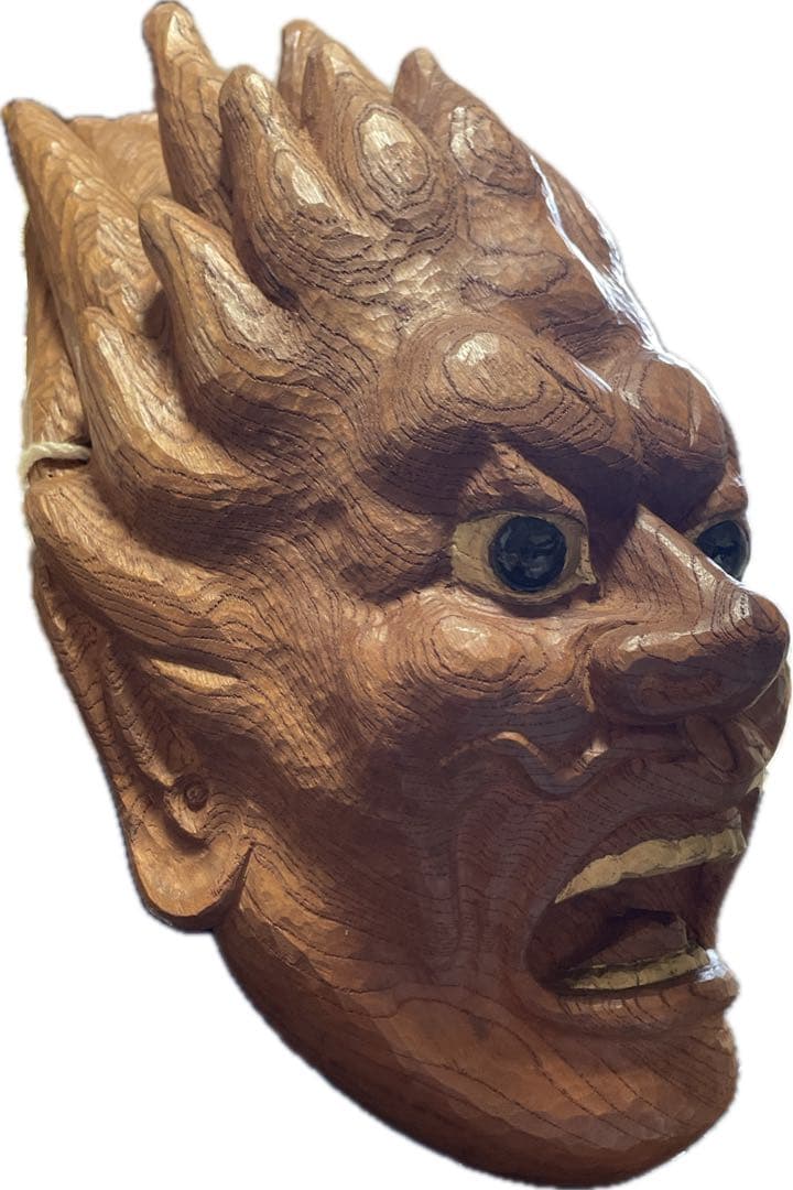 木彫り手彫り　肥松　風神雷神　怒り面