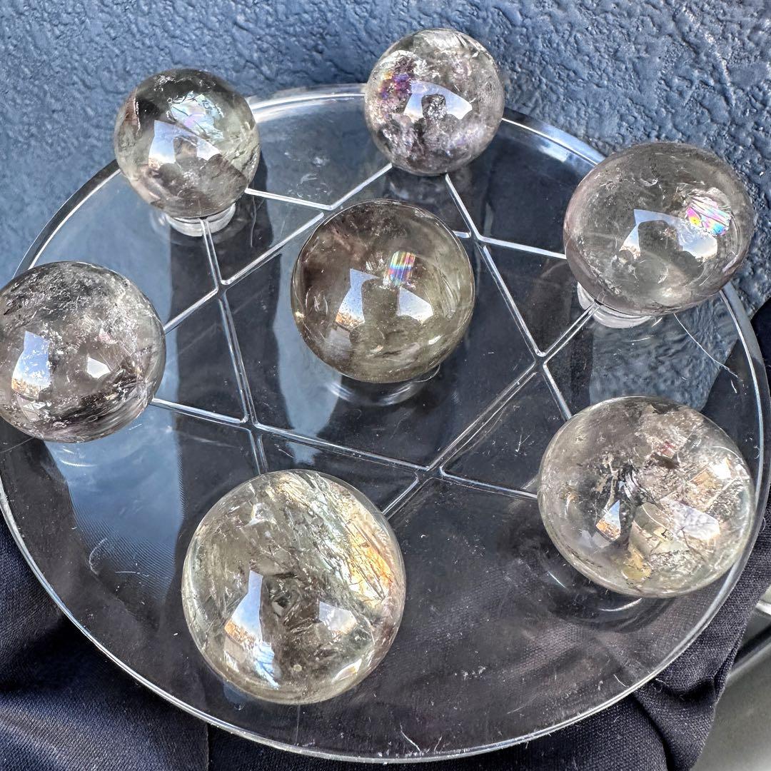 七星陣 【金運· 魔除 ·浄化】レインボー☆スモーキークォーツ丸玉水晶A1181