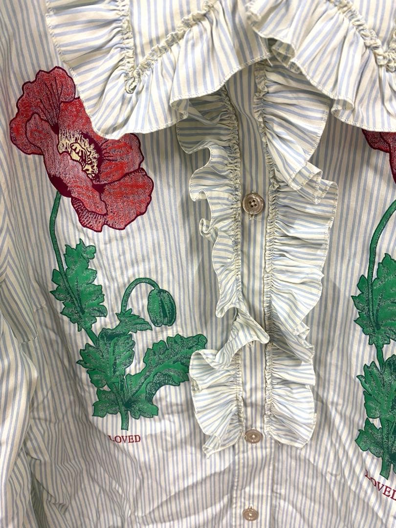 LUCY　GUCCI　ストライプ　フリルシャツ　長袖　ブルー×ホワイト