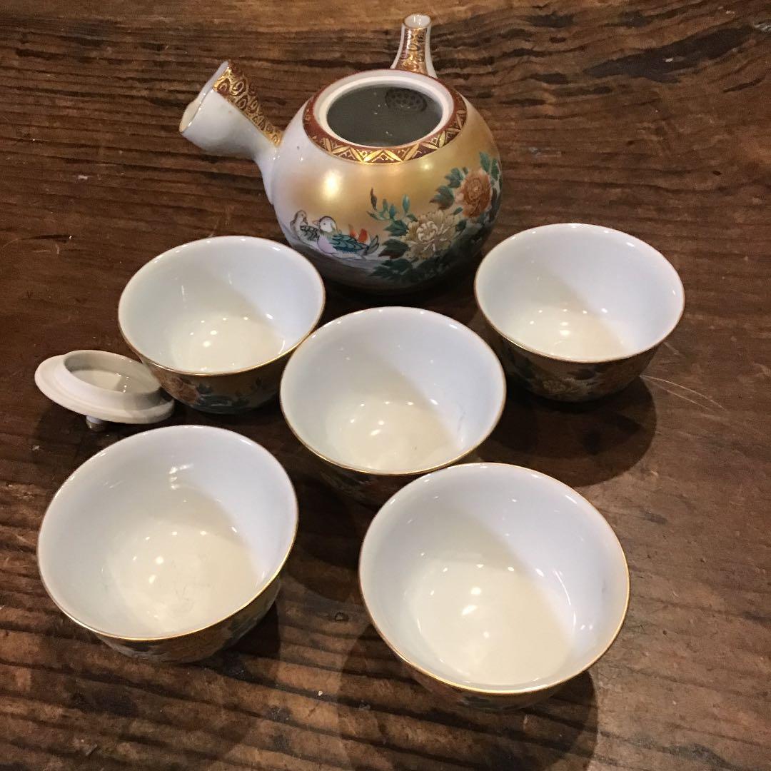 吉田美統　錦山　人間国宝　本金色絵草花文煎茶器揃え　茶具