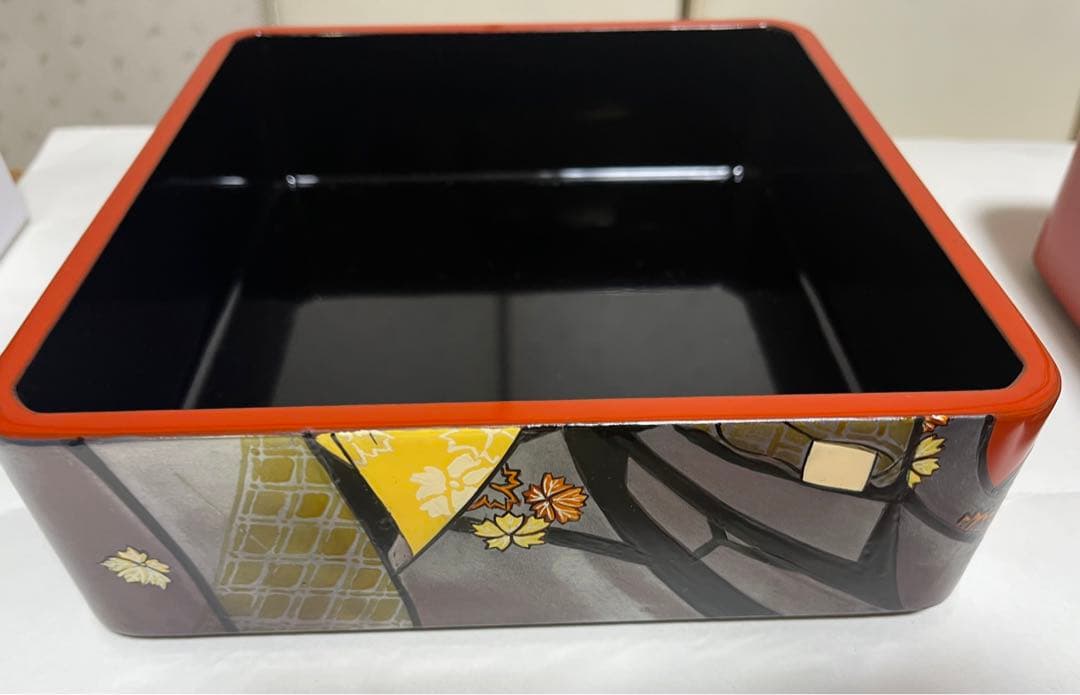 会津塗 木製三段重 朱漆 浮世絵 手書 蒔絵 うるし絵・会津絵　珍品