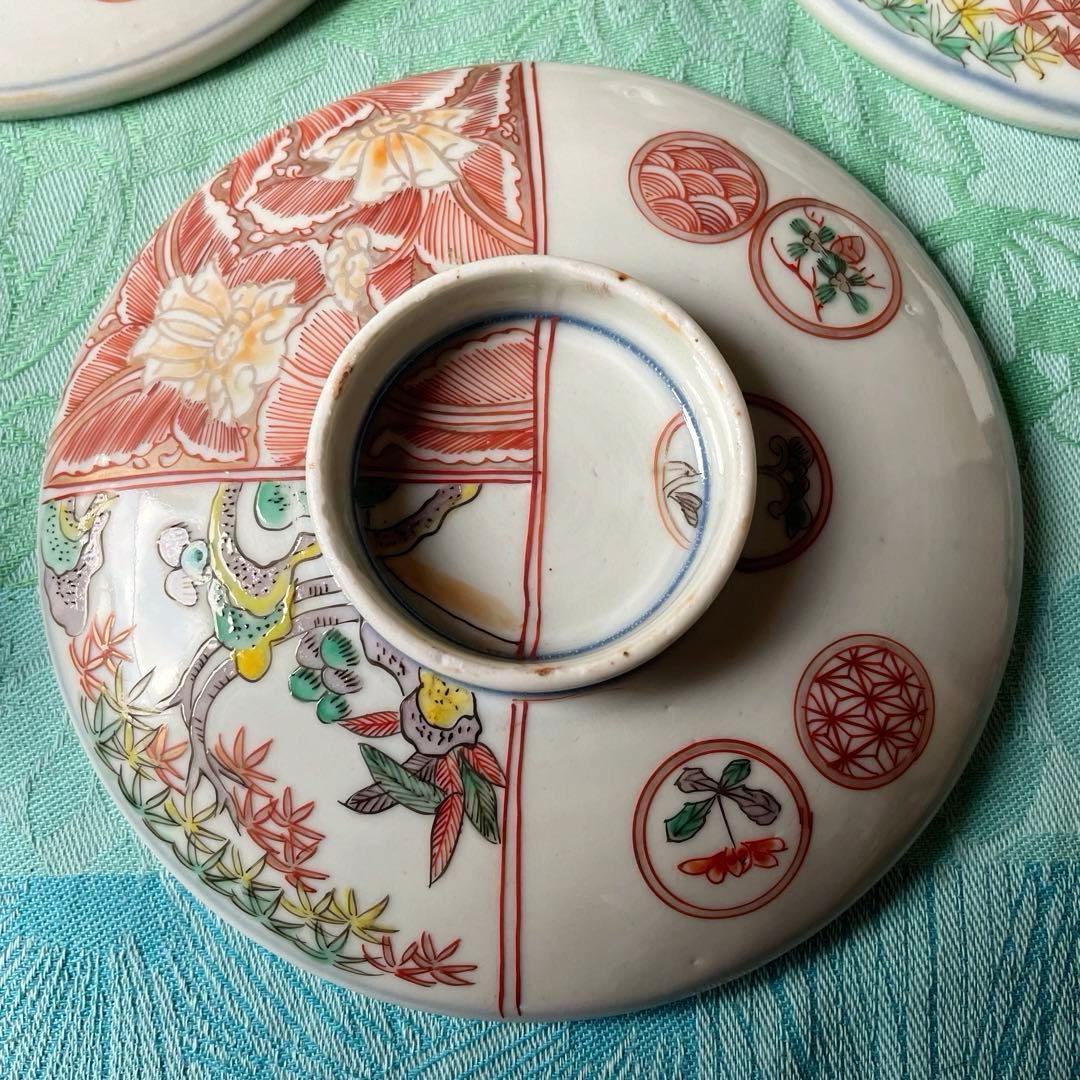 伊万里焼　色絵　金彩　染付　吉祥文様　蓋付き茶碗　3客