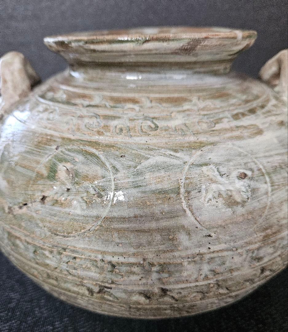 【李朝コレクター放出品❗】李氏朝鮮時代　粉青沙器　丸に鳥　花三島　双耳　壺　花入