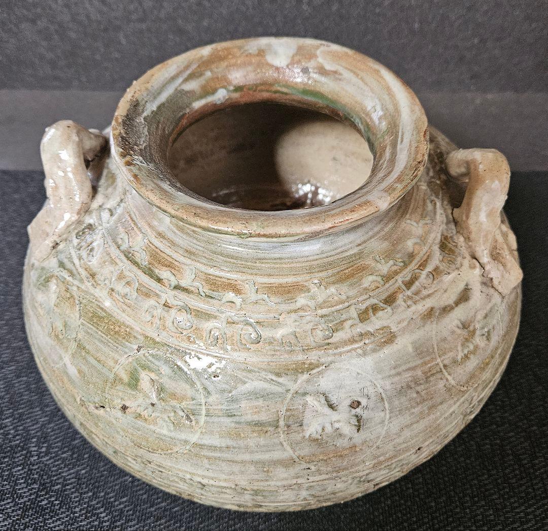 【李朝コレクター放出品❗】李氏朝鮮時代　粉青沙器　丸に鳥　花三島　双耳　壺　花入