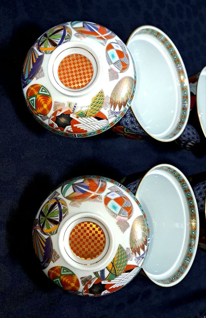 J*0様 【未使用】庫山窯　色絵手まり　蓋付き丼　小丼　蓋付き煮物碗　 4客