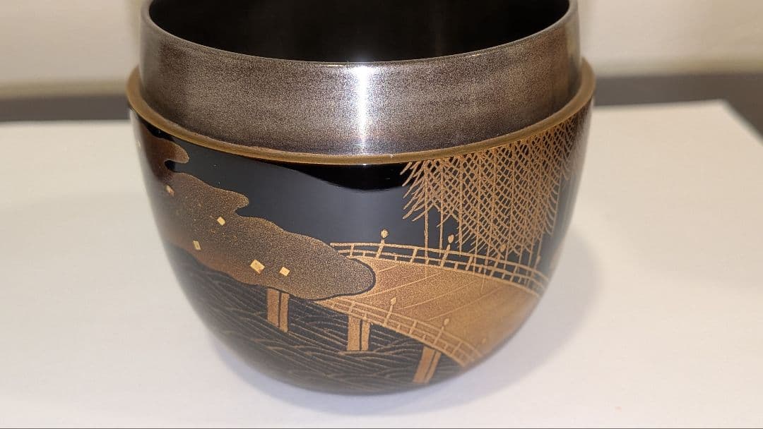 『柳橋蒔絵　棗』宗水作　茶道具　共箱共布　清水宗水　内銀溜塗　輪島塗　金