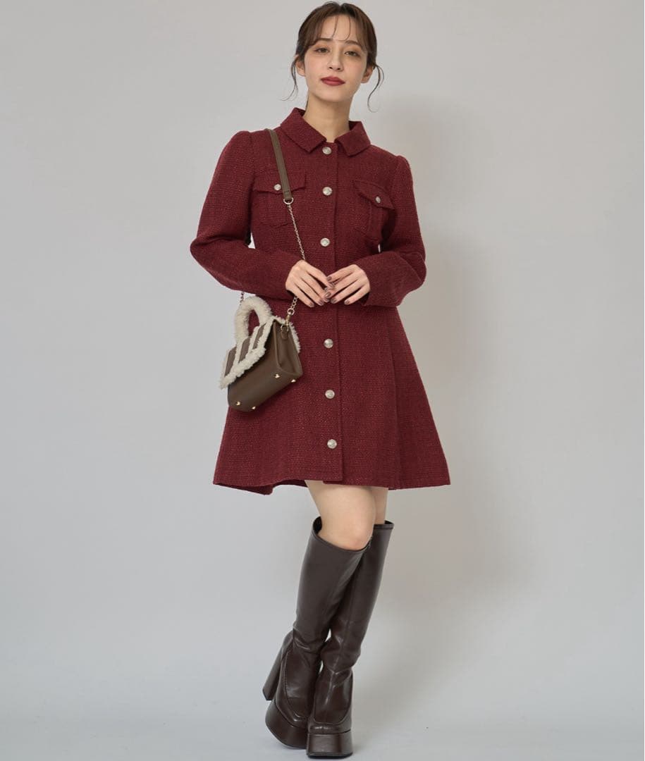 REDYAZEL エンブレムボタンツイードシャツミニワンピース ボルドー